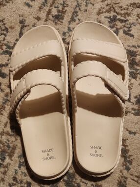 Shade & Shore Womens Cream Double-Strap Slide Sandals
